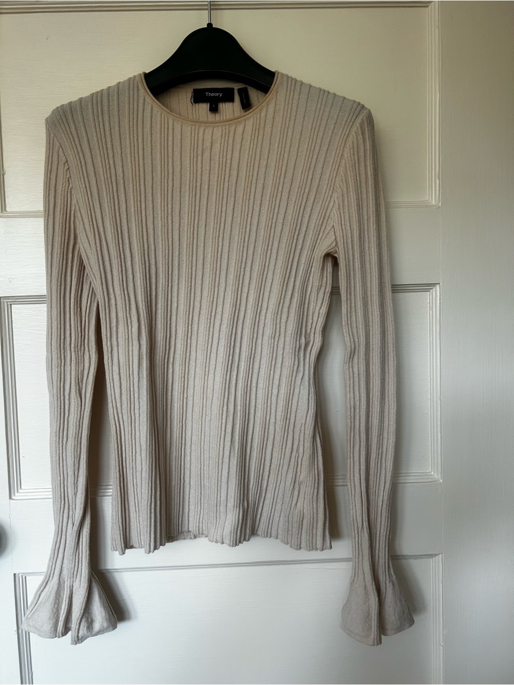 Theory Cream Ribbed Crewneck Long-Sleeve Top